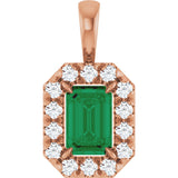 14K Gold Emerald Natural Emerald Halo-Style Necklace or Pendant - Rose Gold