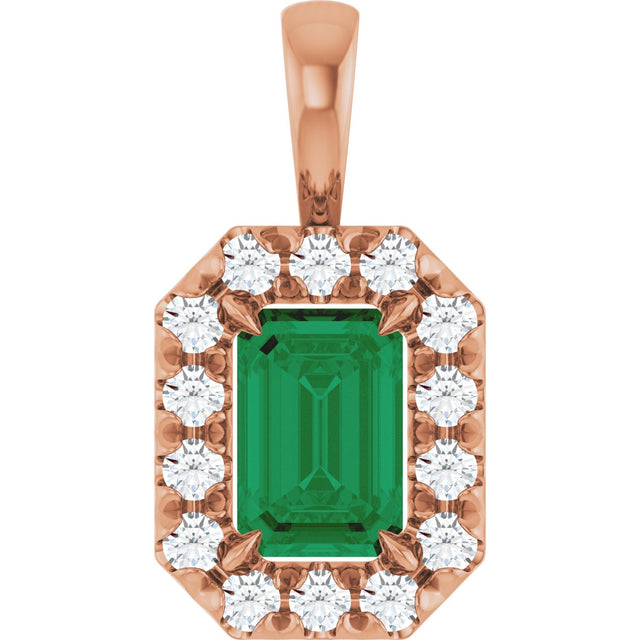 14K Gold Emerald Natural Emerald Halo-Style Necklace or Pendant - Rose Gold