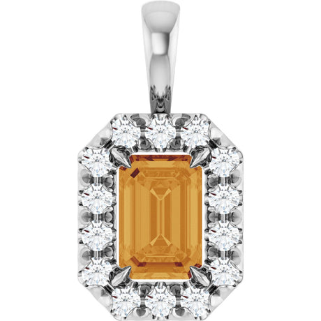 14K Gold Emerald Natural Citrine Halo-Style Necklace or Pendant - White Gold