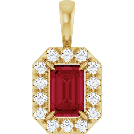14K Gold Emerald Lab-Grown Ruby Halo-Style Necklace or Pendant - Yellow Gold