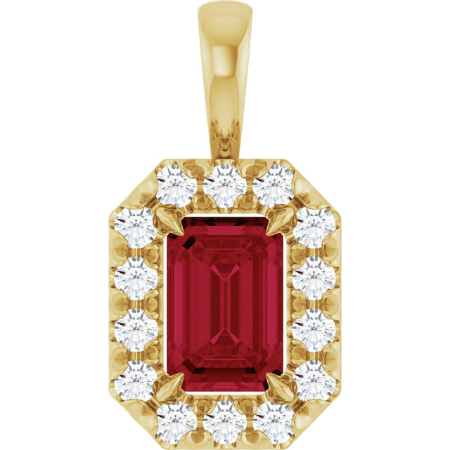 14K Gold Emerald Natural Ruby Halo-Style Necklace or Pendant - Yellow Gold