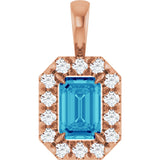 14K Gold Emerald Natural Blue Zircon Halo-Style Necklace or Pendant - Rose Gold