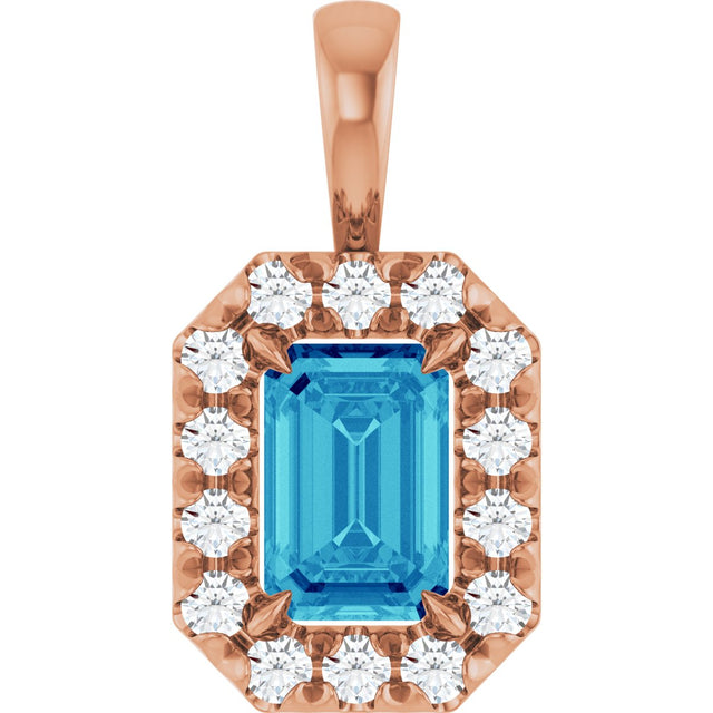 14K Gold Emerald Natural Blue Zircon Halo-Style Necklace or Pendant - Rose Gold