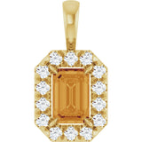14K Gold Emerald Natural Citrine Halo-Style Necklace or Pendant - Yellow Gold