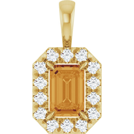 14K Gold Emerald Natural Citrine Halo-Style Necklace or Pendant - Yellow Gold