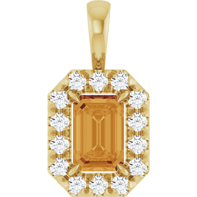 14K Gold Emerald Natural Citrine Halo-Style Necklace or Pendant - Yellow Gold