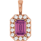 14K Gold Emerald Natural Pink Tourmaline Halo-Style Necklace or Pendant - Rose Gold