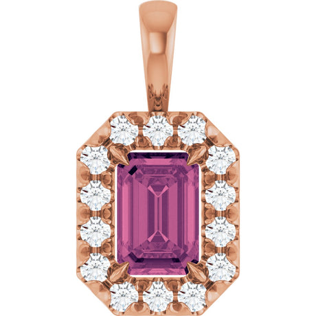 14K Gold Emerald Natural Pink Tourmaline Halo-Style Necklace or Pendant - Rose Gold