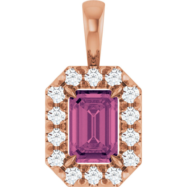 14K Gold Emerald Natural Pink Tourmaline Halo-Style Necklace or Pendant - Rose Gold