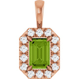 14K Gold Emerald Natural Peridot Halo-Style Necklace or Pendant - Rose Gold