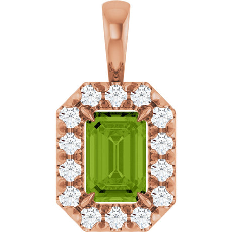 14K Gold Emerald Natural Peridot Halo-Style Necklace or Pendant - Rose Gold