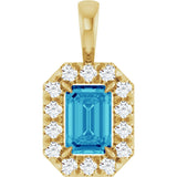 14K Gold Emerald Natural Blue Zircon Halo-Style Necklace or Pendant - Yellow Gold