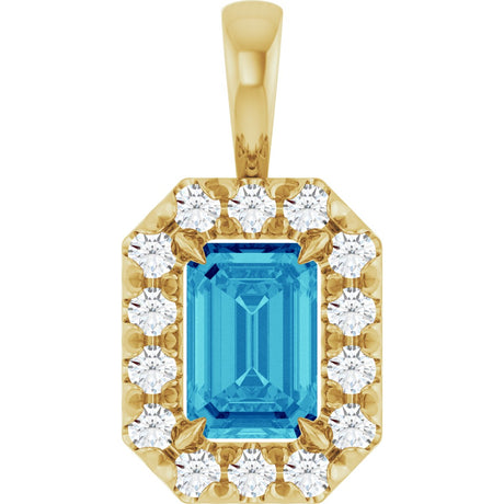 14K Gold Emerald Natural Blue Zircon Halo-Style Necklace or Pendant - Yellow Gold