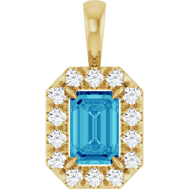 14K Gold Emerald Natural Blue Zircon Halo-Style Necklace or Pendant - Yellow Gold