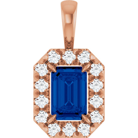 14K Gold Emerald Natural Blue Sapphire Halo-Style Necklace or Pendant - Rose Gold