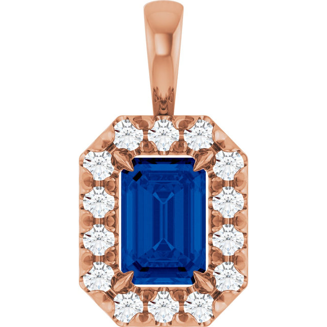 14K Gold Emerald Natural Blue Sapphire Halo-Style Necklace or Pendant - Rose Gold