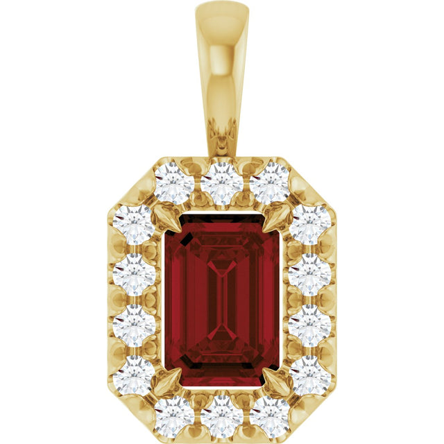 14K Gold Emerald Natural Mozambique Garnet Halo-Style Necklace or Pendant - Yellow Gold