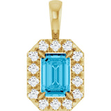 14K Gold Emerald Natural Aquamarine Halo-Style Necklace or Pendant - Yellow Gold