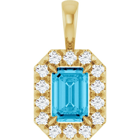 14K Gold Emerald Natural Aquamarine Halo-Style Necklace or Pendant - Yellow Gold