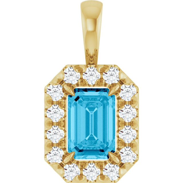 14K Gold Emerald Natural Aquamarine Halo-Style Necklace or Pendant - Yellow Gold