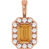 14K Gold Emerald Natural Citrine Halo-Style Necklace or Pendant - Rose Gold