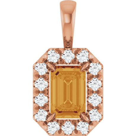 14K Gold Emerald Natural Citrine Halo-Style Necklace or Pendant - Rose Gold