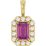 14K Gold Emerald Natural Pink Tourmaline Halo-Style Necklace or Pendant - Yellow Gold