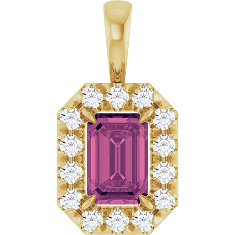 14K Gold Emerald Natural Pink Tourmaline Halo-Style Necklace or Pendant - Yellow Gold