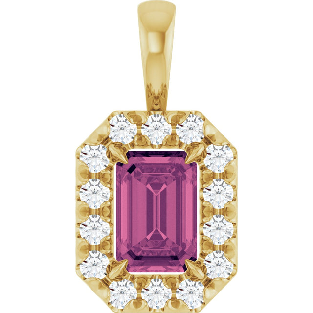 14K Gold Emerald Natural Pink Tourmaline Halo-Style Necklace or Pendant - Yellow Gold