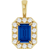 14K Gold Emerald Lab-Grown Blue Sapphire Halo-Style Necklace or Pendant - Yellow Gold