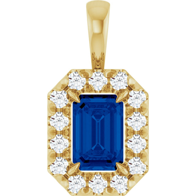 14K Gold Emerald Lab-Grown Blue Sapphire Halo-Style Necklace or Pendant - Yellow Gold