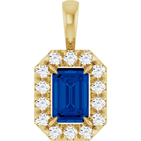 14K Gold Emerald Natural Blue Sapphire Halo-Style Necklace or Pendant - Yellow Gold