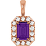 14K Gold Emerald Natural Amethyst Halo-Style Necklace or Pendant - Rose Gold