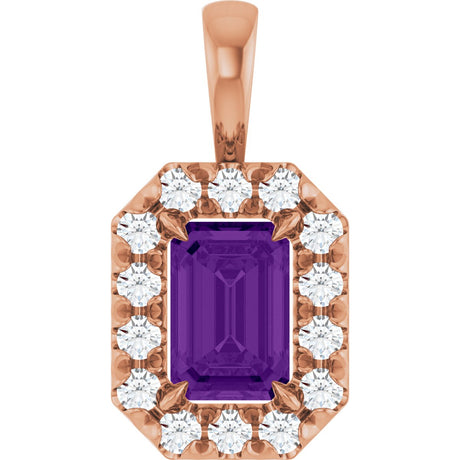 14K Gold Emerald Natural Amethyst Halo-Style Necklace or Pendant - Rose Gold