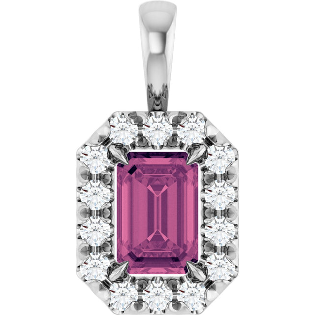 Platinum Emerald Natural Pink Tourmaline Halo-Style Necklace or Pendant
