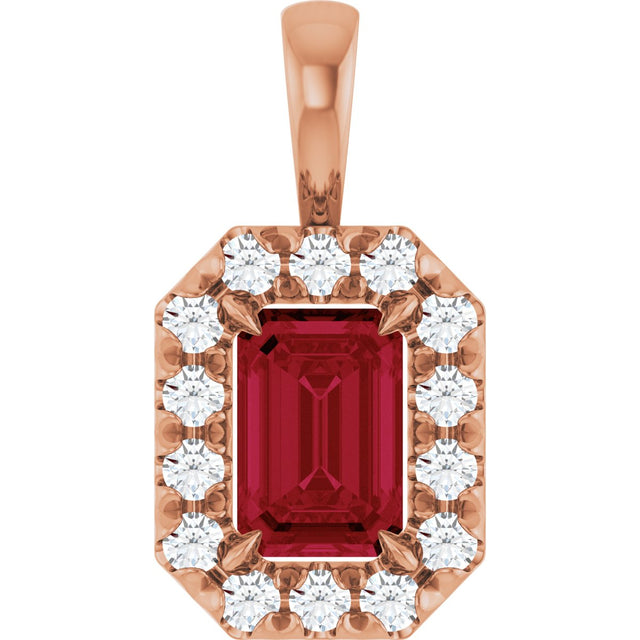 14K Gold Emerald Lab-Grown Ruby Halo-Style Necklace or Pendant - Rose Gold