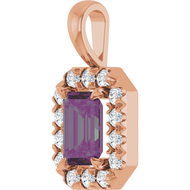 14K Gold Emerald Lab-Grown Alexandrite Halo-Style Necklace or Pendant - Rose Gold - view 2