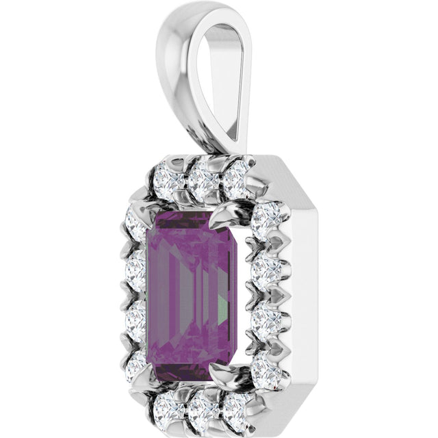 14K Gold Emerald Lab-Grown Alexandrite Halo-Style Necklace or Pendant - White Gold - view 2
