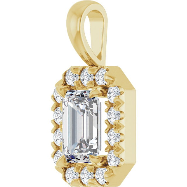 14K Gold Emerald Natural White Sapphire Halo-Style Necklace or Pendant - Yellow Gold - view 2