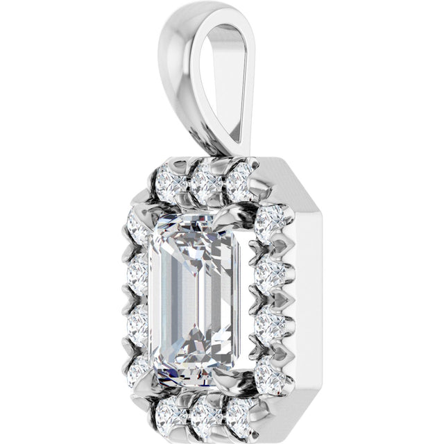 14K Gold Emerald Natural White Sapphire Halo-Style Necklace or Pendant - White Gold - view 2