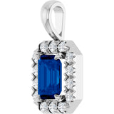 Platinum Emerald Lab-Grown Blue Sapphire Halo-Style Necklace or Pendant - view 2