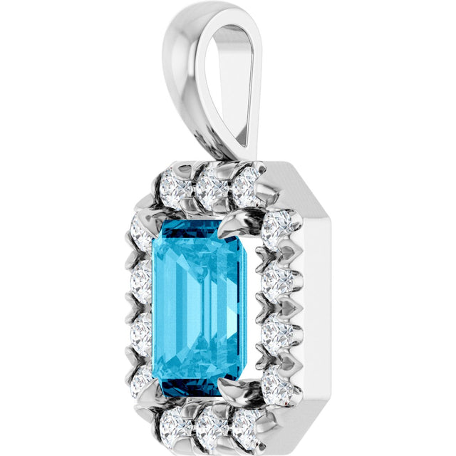 14K Gold Emerald Natural Aquamarine Halo-Style Necklace or Pendant - White Gold - view 2