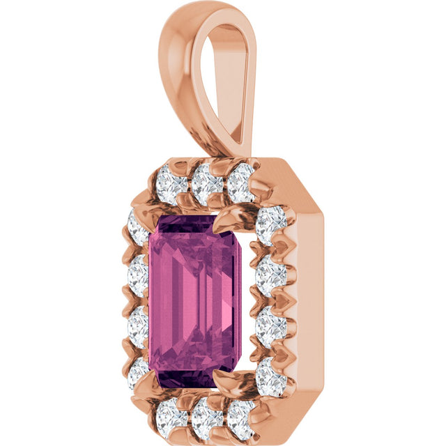 14K Gold Emerald Natural Pink Tourmaline Halo-Style Necklace or Pendant - Rose Gold - view 2