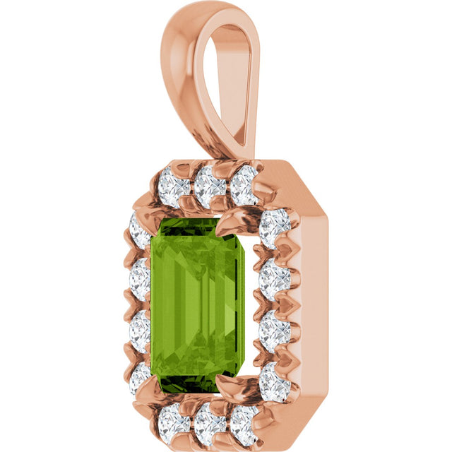 14K Gold Emerald Natural Peridot Halo-Style Necklace or Pendant - Rose Gold - view 2