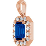 14K Gold Emerald Lab-Grown Blue Sapphire Halo-Style Necklace or Pendant - Rose Gold - view 2