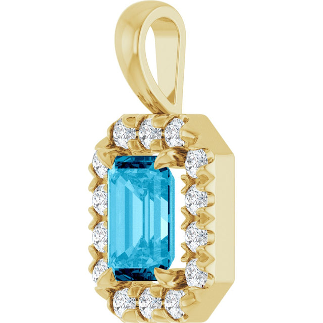 14K Gold Emerald Natural Aquamarine Halo-Style Necklace or Pendant - Yellow Gold - view 2