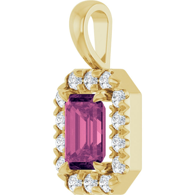14K Gold Emerald Natural Pink Tourmaline Halo-Style Necklace or Pendant - Yellow Gold - view 2