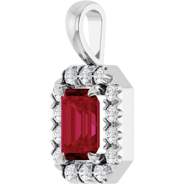 14K Gold Emerald Lab-Grown Ruby Halo-Style Necklace or Pendant - White Gold - view 2
