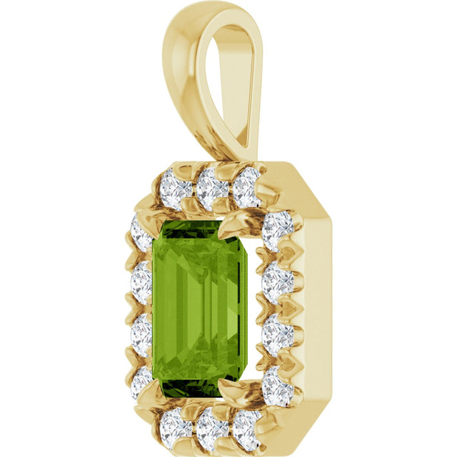 14K Gold Emerald Natural Peridot Halo-Style Necklace or Pendant - Yellow Gold - view 2