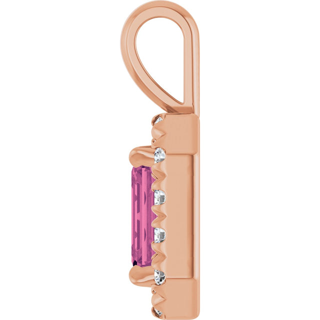 14K Gold Emerald Natural Pink Tourmaline Halo-Style Necklace or Pendant - Rose Gold - view 3
